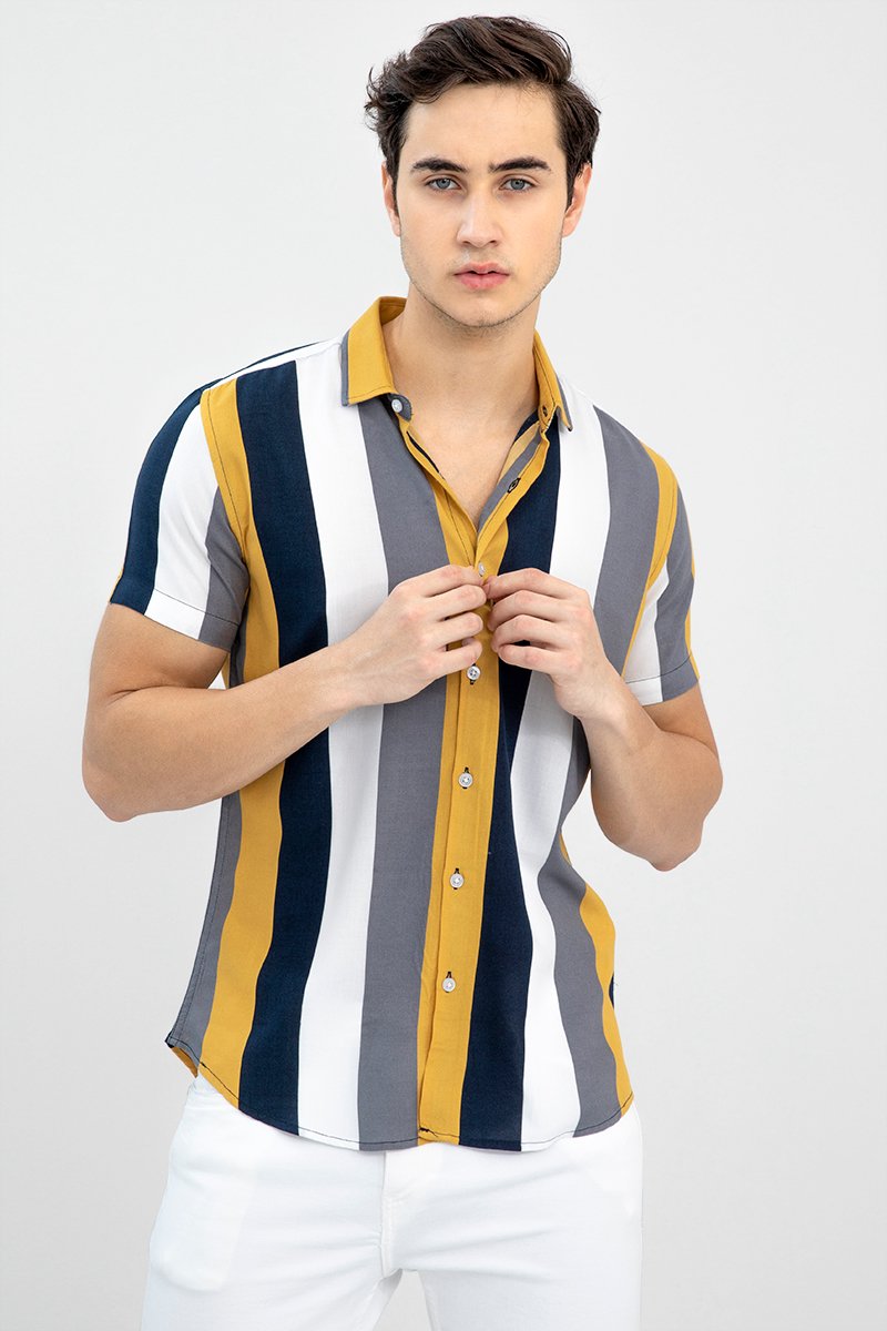 Slim Fit Color Block Cut Away Collar Casual Shirt