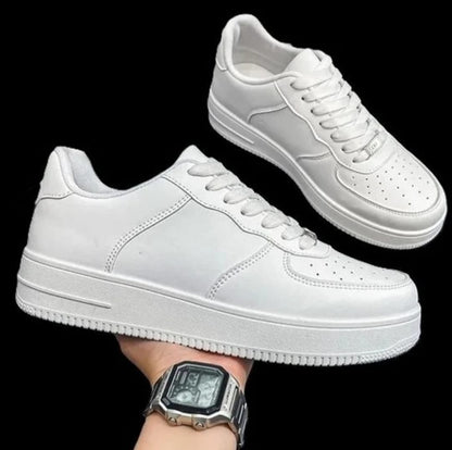 White Low-Top Sneakers for Men, Lace-Up Athletic Casual Shoes