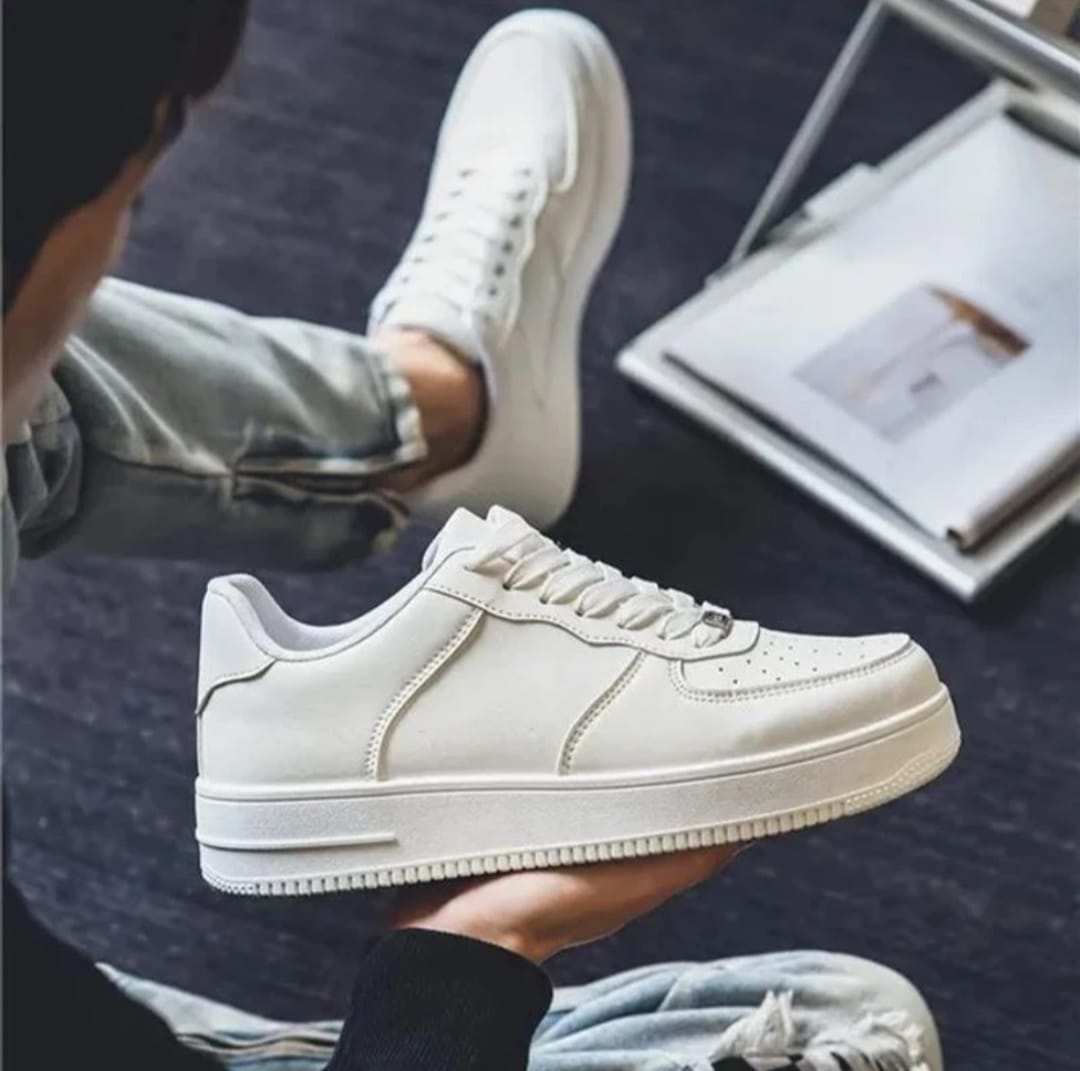 White Low-Top Sneakers for Men, Lace-Up Athletic Casual Shoes