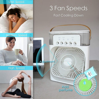 Portable Mini Air Cooler Fan with Water Mist & LED Light – USB Rechargeable