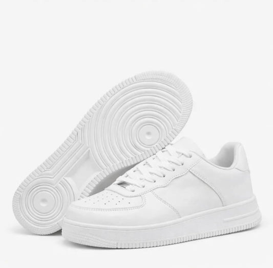 White Low-Top Sneakers for Men, Lace-Up Athletic Casual Shoes
