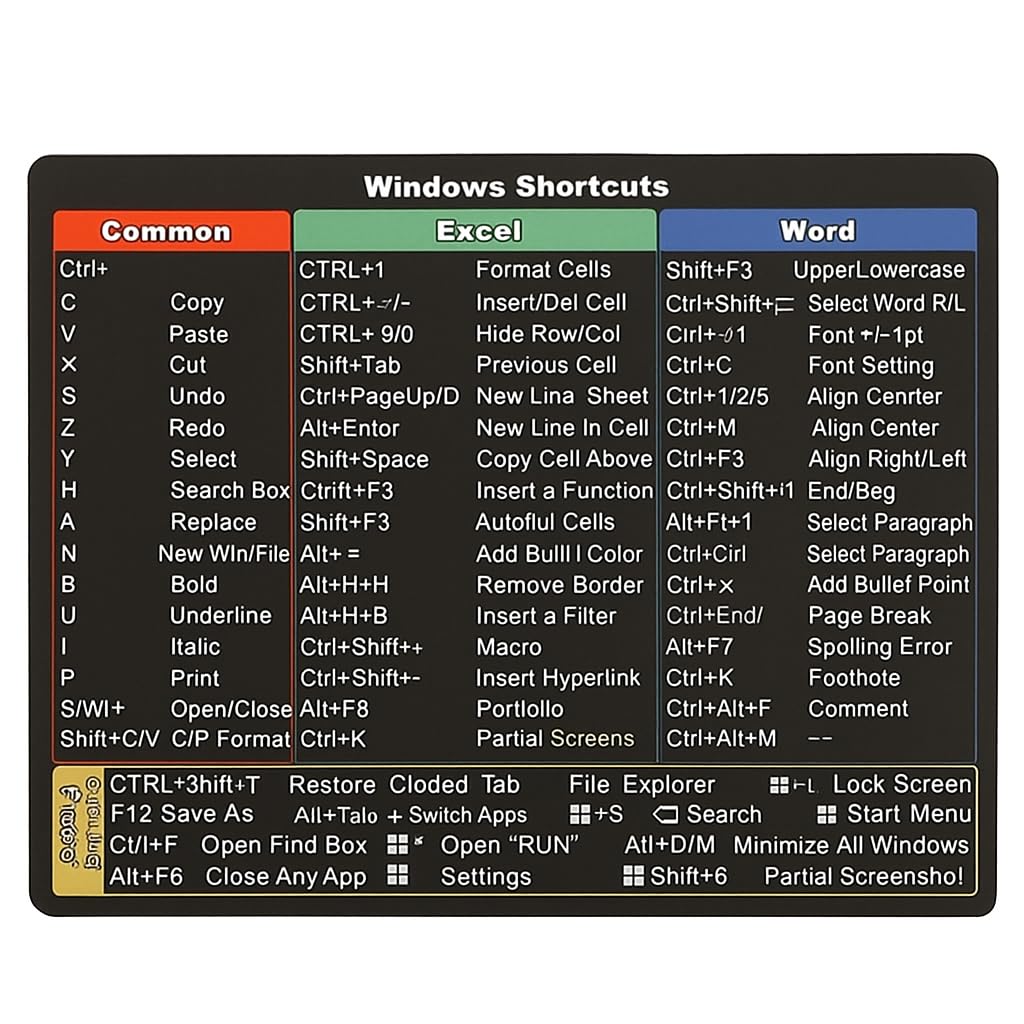 Laptop Shortcut Key Sticker for Windows, Excel, and Word, Compact Productivity Chart