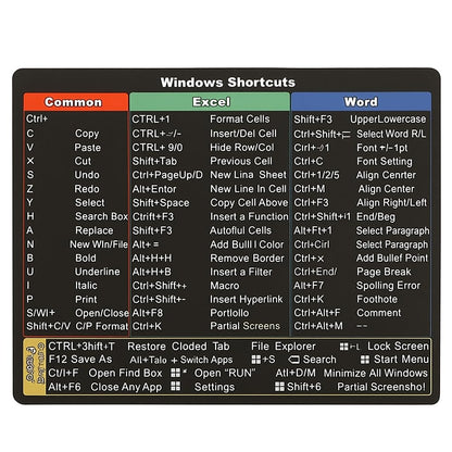 Laptop Shortcut Key Sticker for Windows, Excel, and Word, Compact Productivity Chart