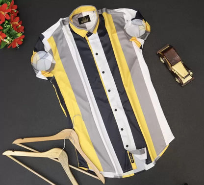 Slim Fit Color Block Cut Away Collar Casual Shirt