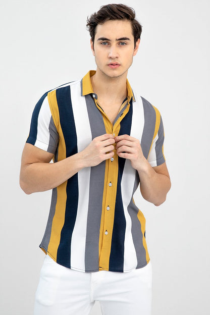 Slim Fit Color Block Cut Away Collar Casual Shirt