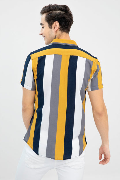 Slim Fit Color Block Cut Away Collar Casual Shirt