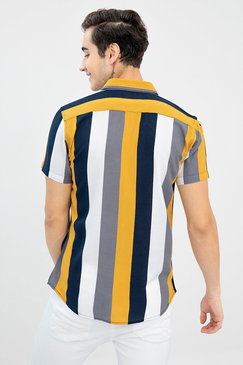 Slim Fit Color Block Cut Away Collar Casual Shirt