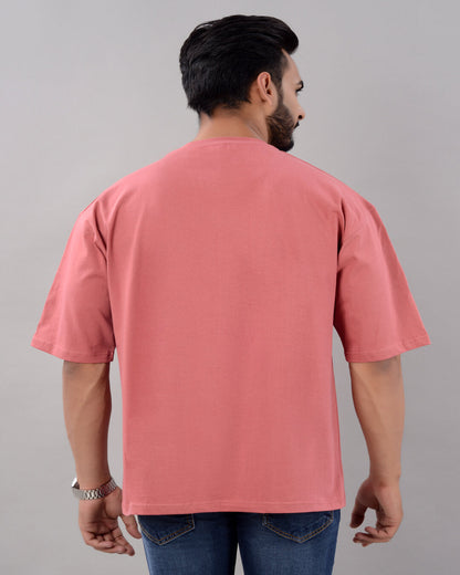 Cotton Blend Oversize Loose Fit Drop Shoulder Round Neck Half Sleeve Typography Peach T-Shirt for Men (SIZE- M,L,XL,XXL)