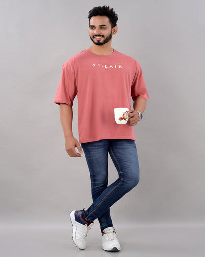 Cotton Blend Oversize Loose Fit Drop Shoulder Round Neck Half Sleeve Typography Peach T-Shirt for Men (SIZE- M,L,XL,XXL)