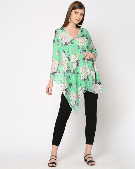 Women Green & Cream-Coloured Sequins Floral Printed Scarf