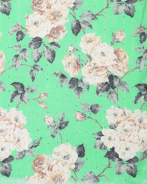 Women Green & Cream-Coloured Sequins Floral Printed Scarf