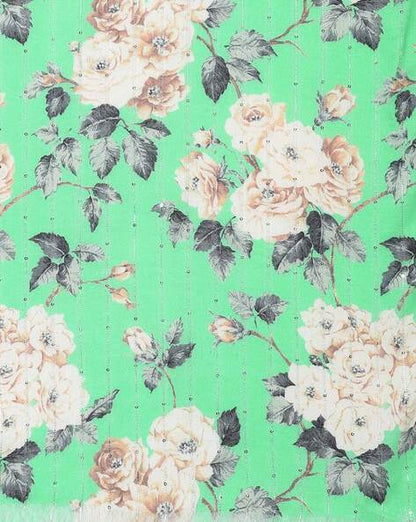 Women Green & Cream-Coloured Sequins Floral Printed Scarf